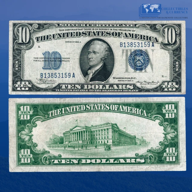1934A $10 Ten Dollars Silver Certificate Blue Seal, VF Condition #53159