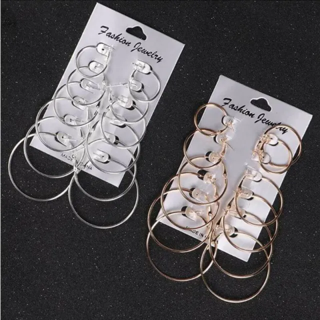 6 Pairs Big Hoop Loop Earrings Boho Jewellery Fashion Silver plated Beading Gift