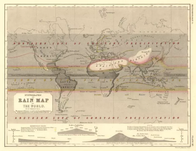 WORLD. Hyetographic or rain map of the World 1850 old antique plan chart