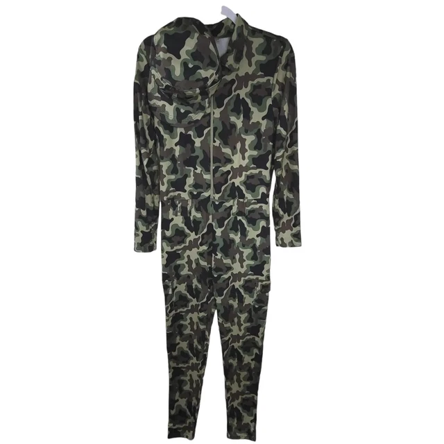 Spirit Halloween Costume Womens Large Army Camo Jumpsuit Hat Set Stretch Catsuit