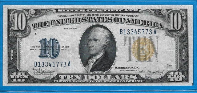 1934 A $10 SC,North Africa WW II Emergency Issue,Gold Seal,Circ CH VF,Nice!