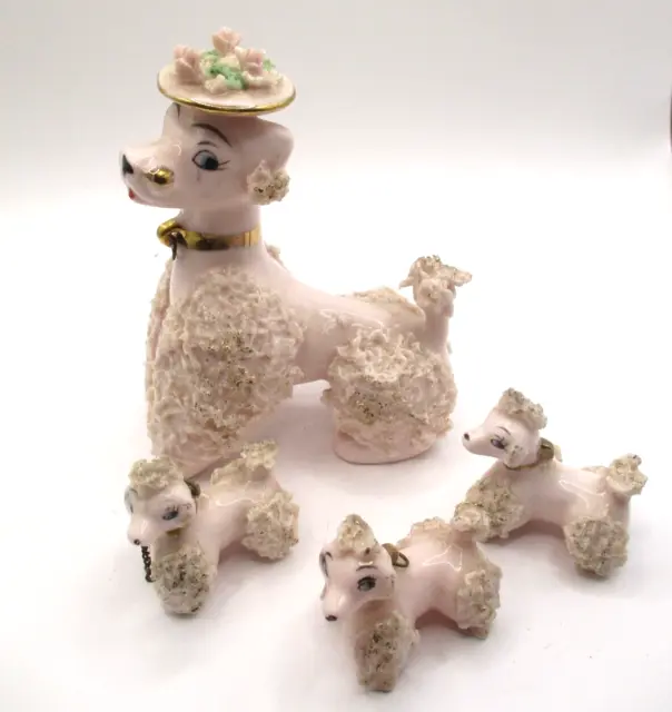 Vintage Pink Spaghetti Poodle Dog - Mom and 3 Pups