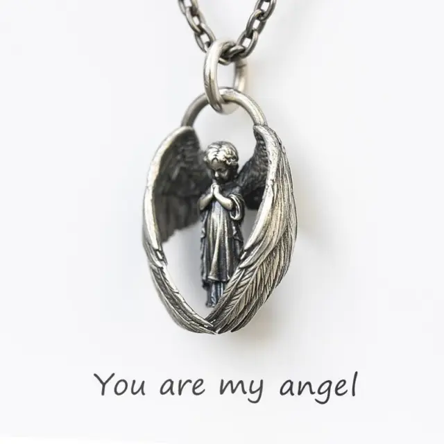 Praying Seraphim Angel Wings Pendant Necklace Vintage Silver Unisex Jewelry Gift