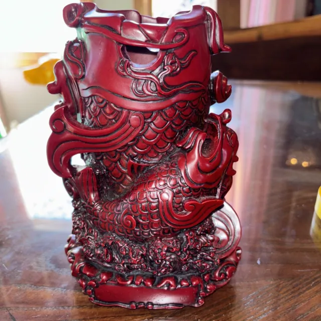 Cinnabar Look Red Resin Heavy 6 Lb Dragon Sea Serpent Scupture Incense Vase 8x6