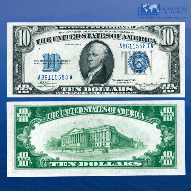 1934A $10 Ten Dollars Silver Certificate Blue Seal, Old Ten Dollars, AU #15583