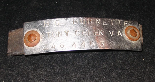 Stony Creek VA EARLY Mining Strap Tag or Lumber Tag w Copper Rivets HG Burnette
