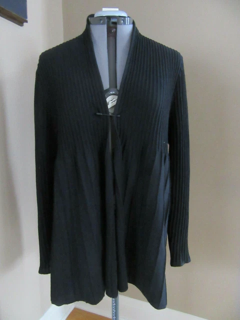 Eileen Fisher 100% Wool Open Black Cardigan Womens Long Sleeve Size L