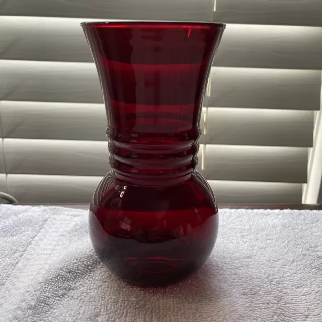 Ruby Red Anchor Hocking Red Ribbed Glass Vase Vintage