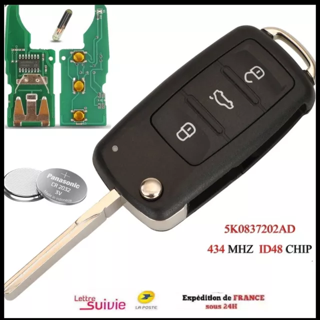 Clé 5K0837202Ad 434Mhz Adapté À Vw Golf Vi Caddy Polo Tiguan Touran