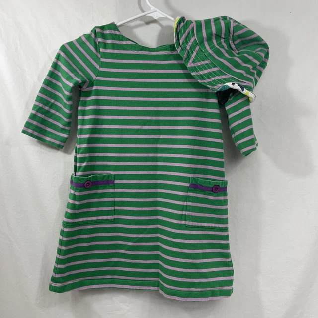 Mini Boden Girl’s Dress, Long Sleeve, Stripes Green & Gray Size 5-6Y W/ Cap