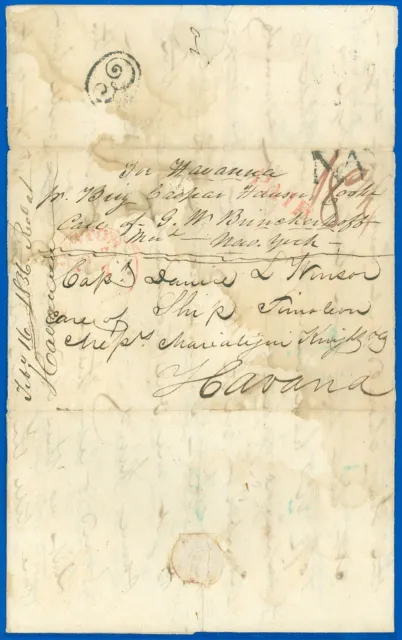 2/7/1836 FLS to Havana, Red Boston Cds & "PAID", Empresa "E" & Block "NA" P'MKS!
