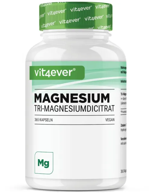 Magnesium 365 Kapseln - á 750 mg Tri-Magnesiumdicitrat - Hochdosiert + Vegan