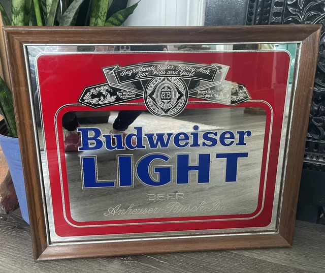 VTG Budweiser Light Beer Mirror 18"x22" Bud Anheuser Busch 80’s Framed Bar Sign