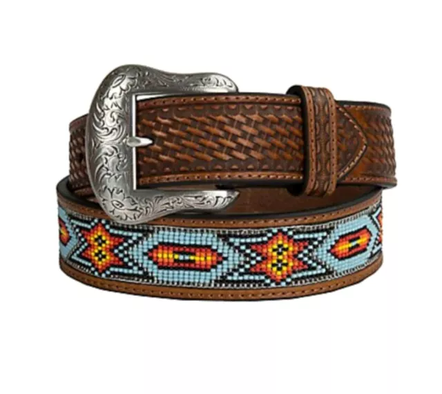 Nocona Western Mens Belt Beaded Inlay Tooled Basket Brown
