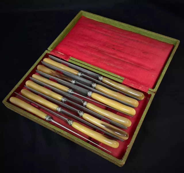 Ancien vintage coffret de 12 couteaux Chatellerault manche en résine  lame inox