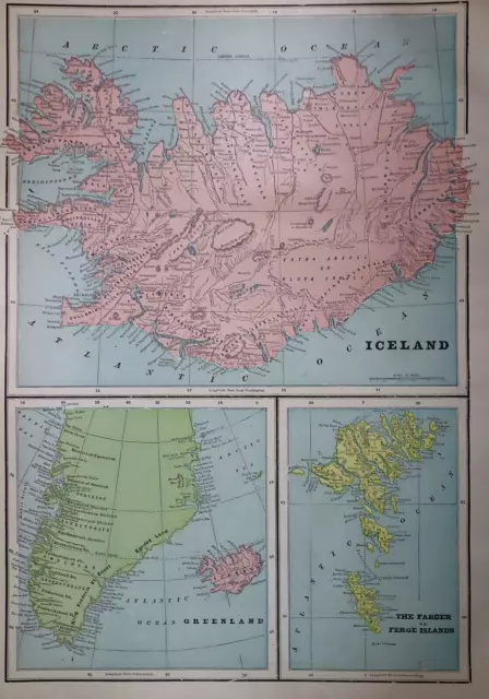 Old 1902 Cram Atlas Map ~ ICELAND - GREENLAND - FAROE ISLANDS~ (LG13x18) #1382