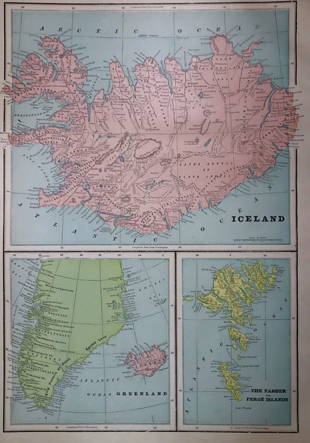 Old 1902 Cram Atlas Map ~ ICELAND - GREENLAND - FAROE ISLANDS~ (LG13x18) #1382