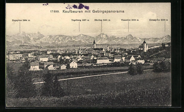 AK Kaufbeuren, Ortsansicht vom Feld aus, Zugspitze, Tegelberg 1915