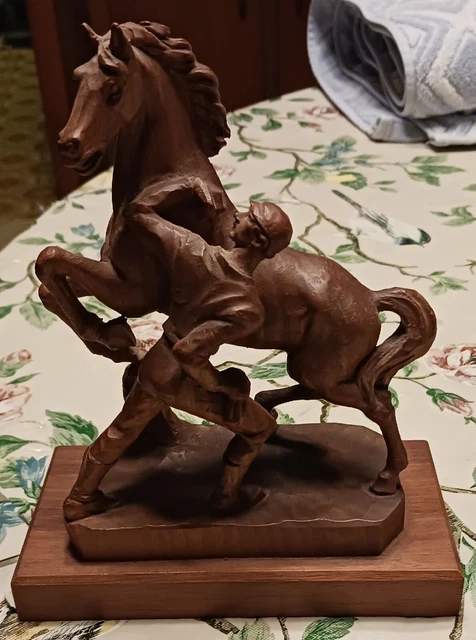 Carved Wood Horse And Handler Statue Figurine