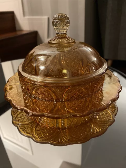 Sowerby Marigold Carnival Glass Pineapple Pattern Lidded Butter Dish