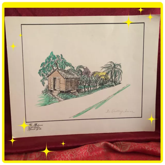 Lois Walker "THE QUILTING HOUSE" Spanish Wells Bahamas ￼1982 Signed Drawing