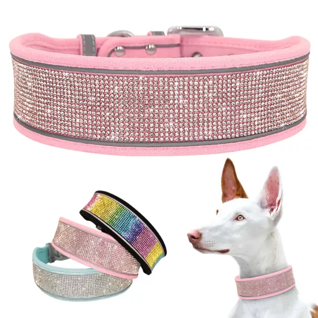 Wide Gloss Bling Rhinestone Diamond Dog Collars Suede Reflective Pet Neck Strap