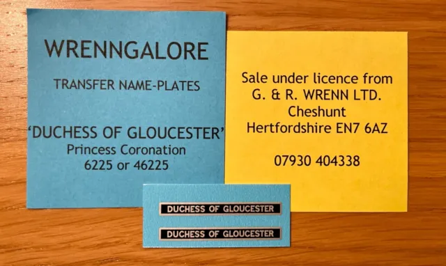 WRENN & Hornby Dublo "Duchess of Gloucester" waterslide Name Plates