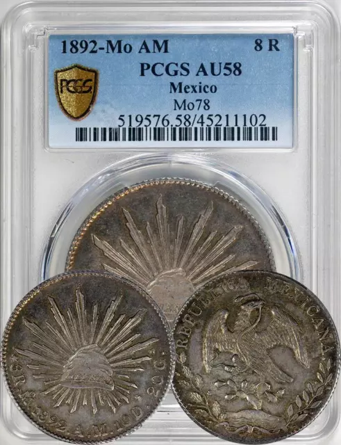 Mexico 1892 MO AM 8 Reales graded by PCGS as AU-58. Nice Toning! Undergraded!