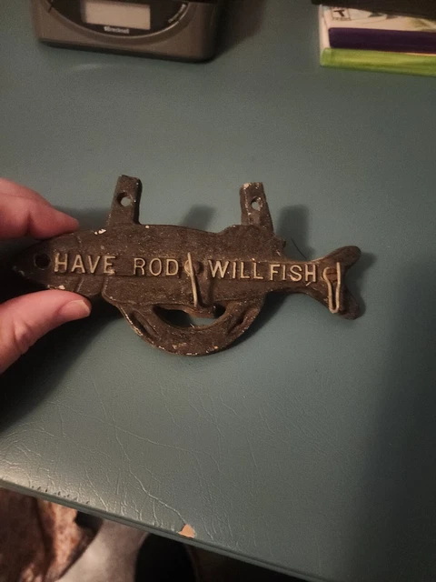 Vintage "HAVE ROD WILL FISH" CAST IRON Key Hook WALL HANGER W/ Rust & Patina