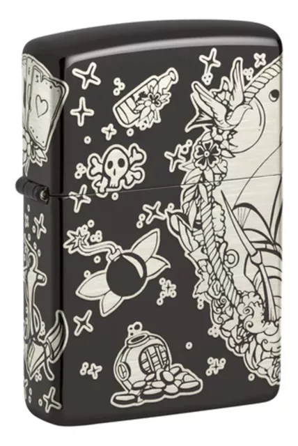 Zippo Tattoo Pirates Treasure Theme Design 360 Nautical Black Ice Lighter 48398
