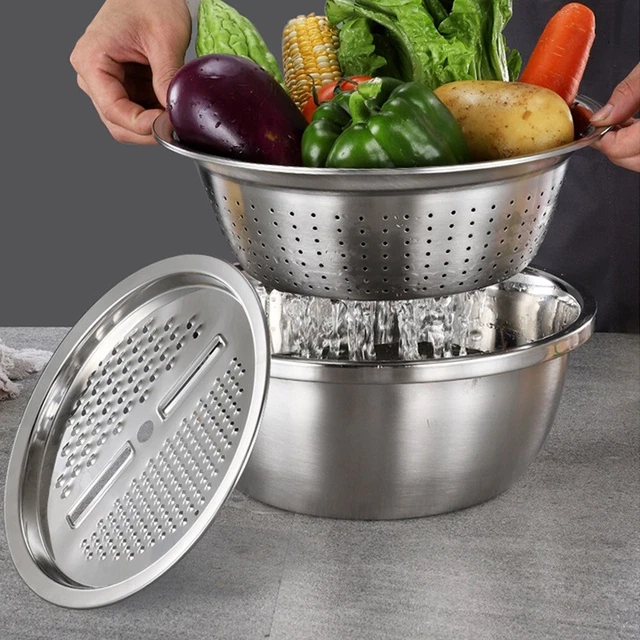 3 en 1 cuencos mezcladores de acero inoxidable tanque de fricción quitanieves cesta goteadora de ensaladas