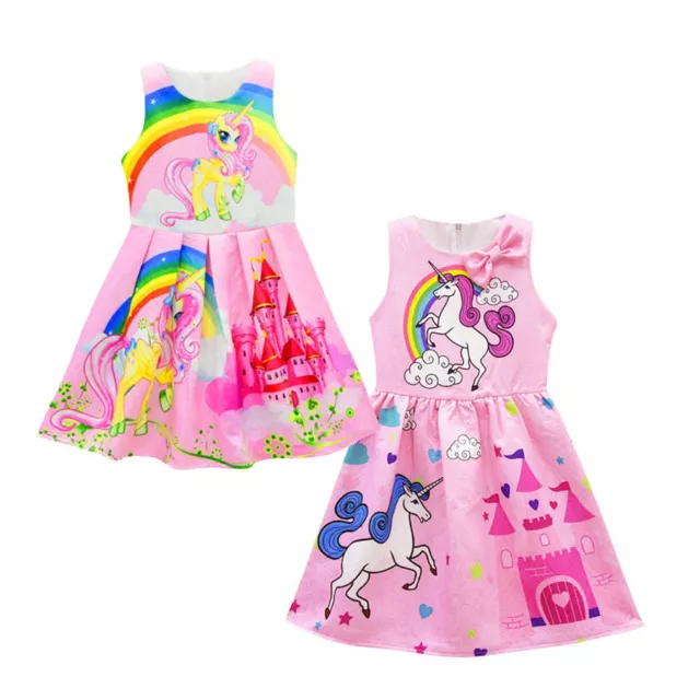 Unicorn Rainbow Girls Dress Sleeveless Fancy Birthday Dresses Size 2-8 Years