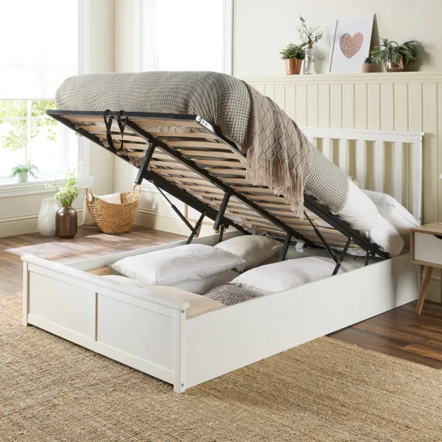 Aspire Beds Atlantic Wooden Storage Ottoman Bed Solid White Wood Bedstead Frame