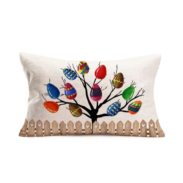 Easter Colorful Egg Pillow Covers Spring Farmhouse Trees Rabbit Bunny 12x20 Inch