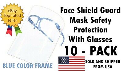 10 PACK Face Shield Guard Mask Safety Protection With Glasses - BLUE COLOR FRAME