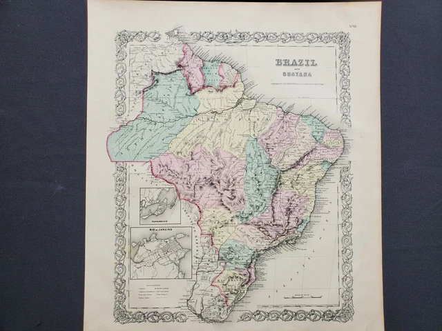 1855 Colton Map - Brazil Uruguay Paraguay South America - 100% Genuine Antique