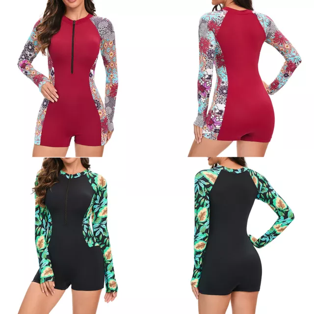 Women's Long Sleeve Swimsuit Floral Print Bodysuits Surfing Rash Guard Jumpsuits