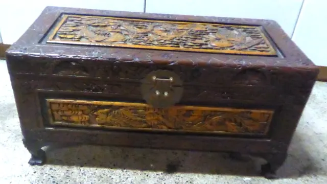 Vintage Chinese Carved Dragon Pheasant Timber Kimino Box Wooden Travel Chest