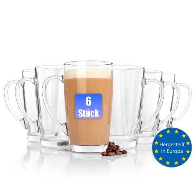 6 Stück große Cappuccino Latte Macchiato Gläser Teegläser  mit Henkel 400 ml