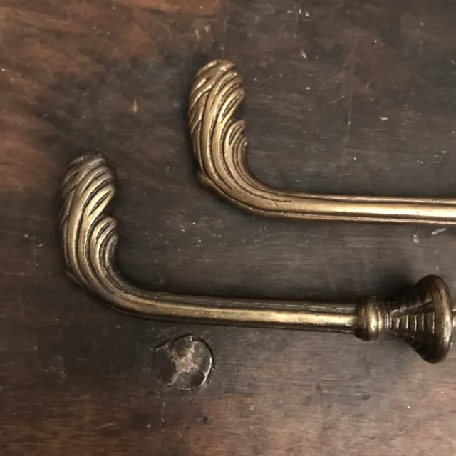 Vintage PAIR French Antique Brass Drapery Curtain Holdback Towel Hook Leaf Gold 2