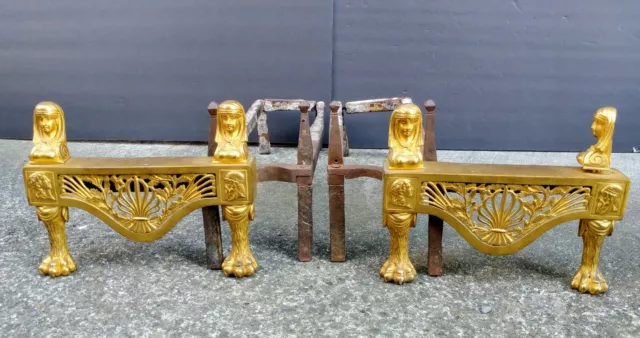 Antique Pair of Sphinx Egyptian Chenets Fireplace Andirons Rococo Gilt Heavy