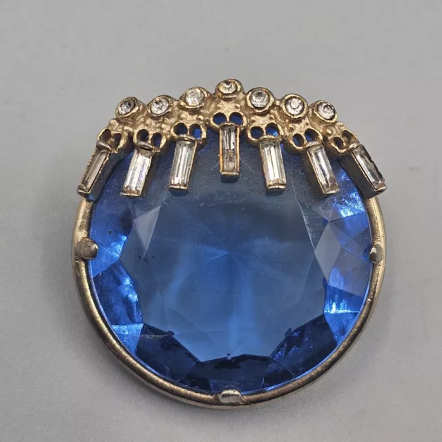 Vtg Bellini Blue Glass Brooch Pin Facet Cut Stone Colorless Baguettes Round 1.5"