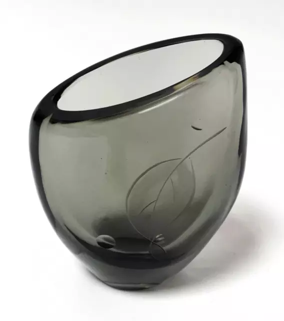 Rosenthal Smoked Glass Vase Engraved Leaf Design Mid Century Modern Signed