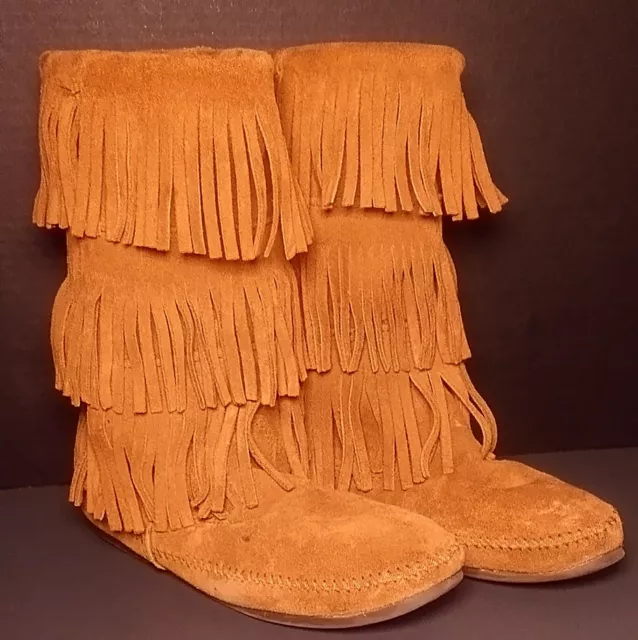 Minnetonka Womens Sz 11 Brown Suede  3-Layer Fringe Moccasin Boots