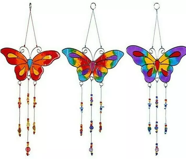 Vibrant Beautiful Butterfly Suncatcher With Hanging Bead Stained Glass Effect x1