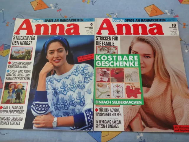2 X Anna burda Spaß  Handarbeiten 9 + 10 / 1992 Hardang Sticken Stricken Häkeln