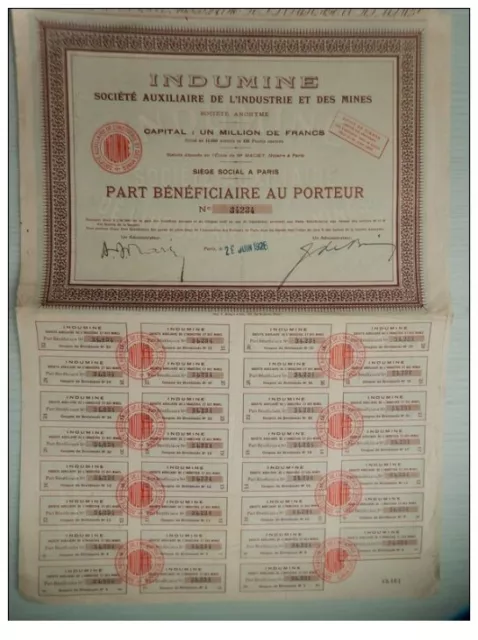 Ancienne part beneficiaire - INDUMINE SOCIETE  DE L´INDUSTRIE DES MINES de 1926