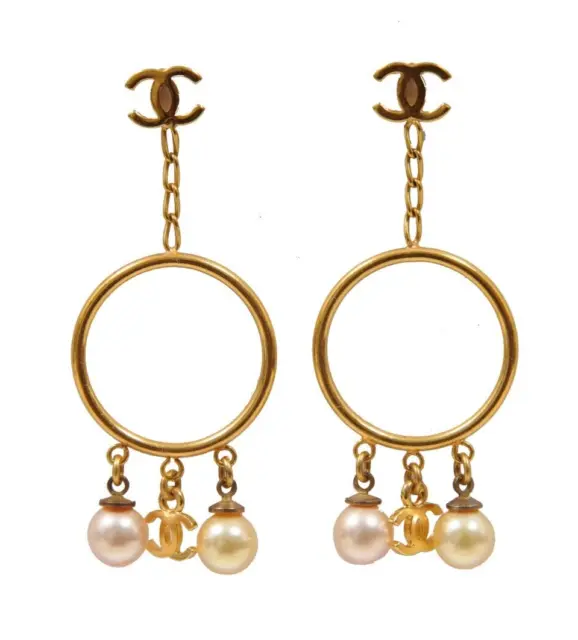 CHANEL Crystal Pearl CC Drop Hoop Earrings Gold Pearly White - Bellisa