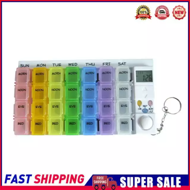 28 Grids Weekly Medicine Box Luminous Alarm Clock Timer Reminder Pill Dispenser