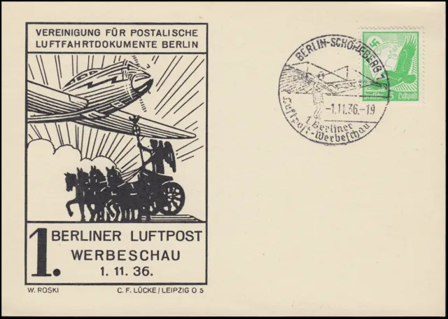 1. Berliner Luftpost-Werbeschau Schmuck-Postkarte passender SSt BERLIN 1.11.1936